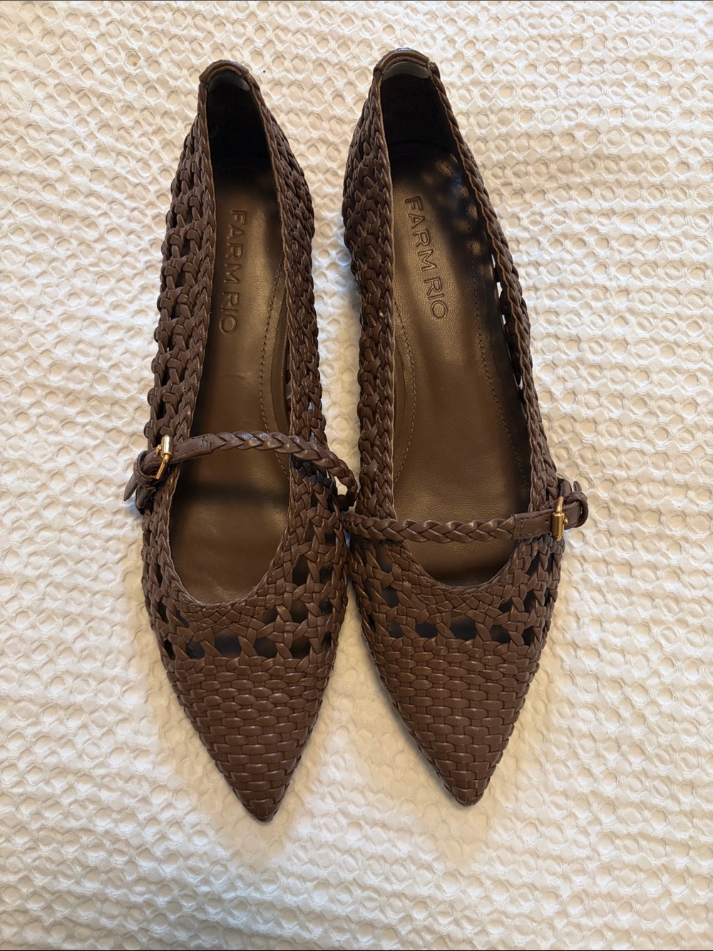 FARM RIO Chocolate Brown Woven Pointed Mary Jane Flats